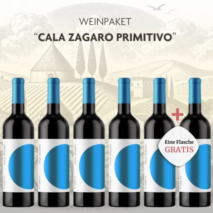 Entdecke das Weinpaket Cala Zagaro 5+1: Rote Beeren, Pflaumen, Kirschen, weiche Textur, zarte Restsüße. Perfekt zu Pasta, Wild und Käse. Zahle fünf Flaschen und erhalte eine Flasche Gratis!