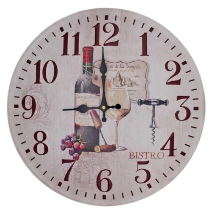 Dekorative Wanduhr im französischen Bistrostil mit stilvollen Weinmotiven. Perfekt für Küchen oder Esszimmer. Lieferung ohne Batterien.