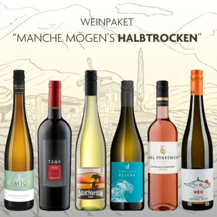 Entdecke das Weinpaket halbtrocken "Manche mögen's halbtrocken" mit sechs erlesenen Weinen. Genieße die perfekte Balance aus Süße und Säure – ideal für jede Gelegenheit.