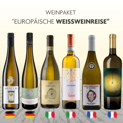 Entdecke unser Weinpaket Europäische Weißweinreise: Eine exklusive Auswahl von 6 Flaschen aus Deutschland, Frankreich und Italien, perfekt für Geschenksuchende und Gelegenheitstrinker.