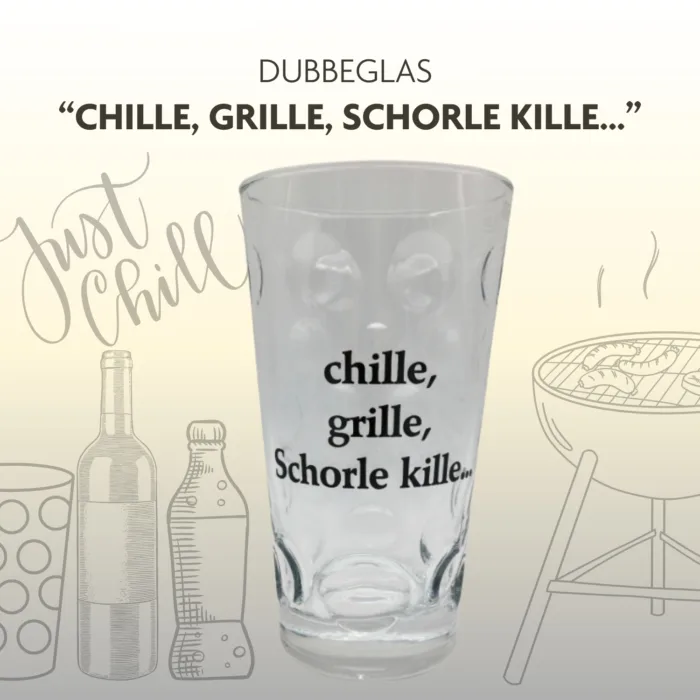 Entdecke das Original Pfälzer Dubbeglas mit der humorvollen Aufschrift "chille, grille, Schorle kille...". Ideal für Weinliebhaber und Grillmeister, robust, spülmaschinenfest und auf 0,5 Liter geeicht. Perfekt für gesellige Abende und als Geschenk.