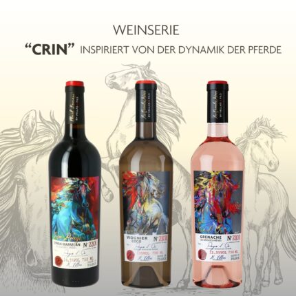 Entdecke die Weinserie Pferde "Crin" von Vignobles Vellas mit drei erlesenen Weinen: Crin Rouge Syrah-Marselan, Crin d’Or Rosé Grenache und Crin Blanc Viognier. Perfekt für Genießer, die hochwertige französische Weine schätzen. Jetzt online bestellen bei Vinomeet.de.