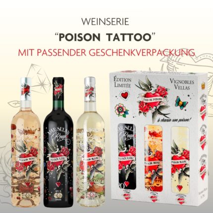 Entdecke die Weinserie Poison Tattoo! Drei Weine mit einzigartigen Tattoo-Designs: 2022 Poison Rouge, 2021 Poison Blanc und Poison Rose. Wird mit passender Geschenkverpackung geliefert.