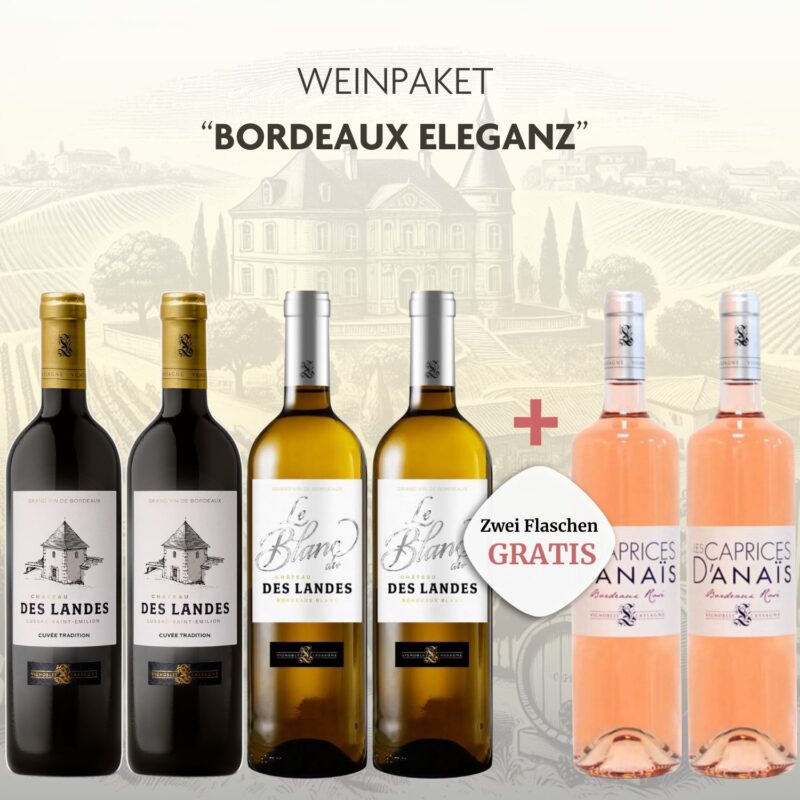 6 Weine, zahle 4 und erhalte 2 gratis. Spare 33% und genieße mit dem Weinpaket Bordeaux Eleganz den Geschmack von Château des Landes & Caprices d'Anaïs.