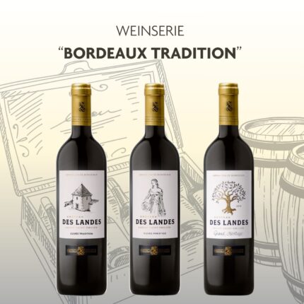 Entdecke die Weinserie Bordeaux Tradition mit drei erlesenen Weinen von Château des Landes. Perfekt für festliche Anlässe und Bordeaux-Liebhaber.