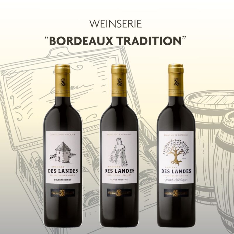 Entdecke die Weinserie Bordeaux Tradition mit drei erlesenen Weinen von Château des Landes. Perfekt für festliche Anlässe und Bordeaux-Liebhaber.