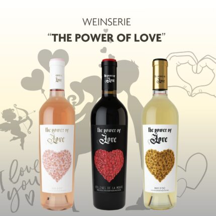 Eine romantische Weinserie The Power of Love von Vignobles Vellas – perfekt für Verlobungen, Hochzeiten und Jahrestage. Genieße Rotwein, Weißwein und Rosé!