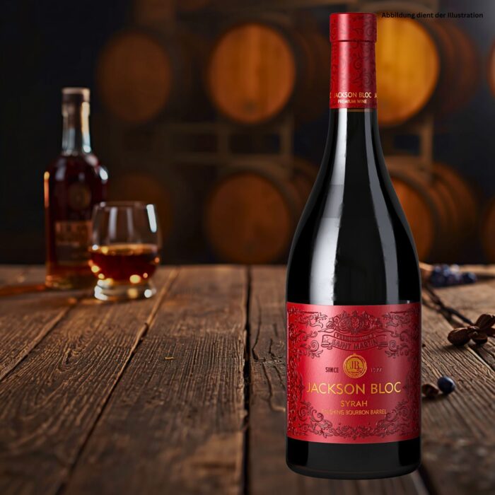 Bourbon Barrel Vieille Syrah Rotwein aus dem Pays d’Oc in Frankreich mit dunkler Flasche und Etikett Jackson Bloc