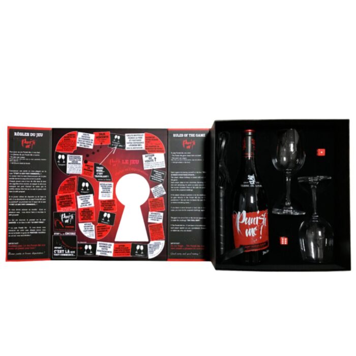 Entdecke das Weinpaket Punish Me! / Bestrafe mich! - Ein kraftvoller Saint-Chinian Berlou Rotwein, zwei Gläser, Würfel und Flogger für ein prickelndes Erlebnis!