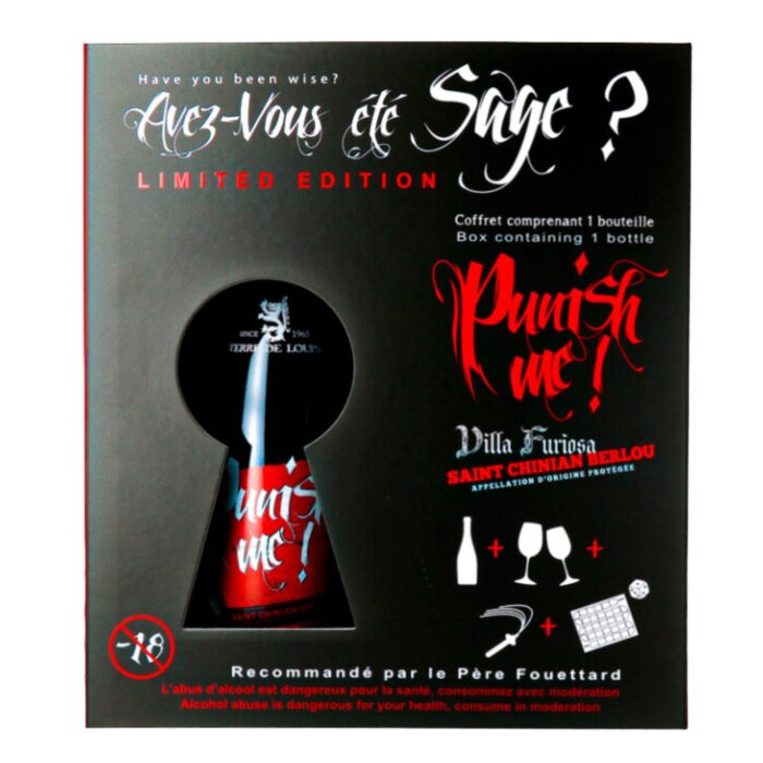 Entdecke das Weinpaket Punish Me! / Bestrafe mich! - Ein kraftvoller Saint-Chinian Berlou Rotwein, zwei Gläser, Würfel und Flogger für ein prickelndes Erlebnis!