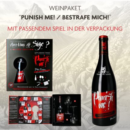 Entdecke das Weinpaket Punish Me! / Bestrafe mich! - Ein kraftvoller Saint-Chinian Berlou Rotwein, zwei Gläser, Würfel und Flogger für ein prickelndes Erlebnis!