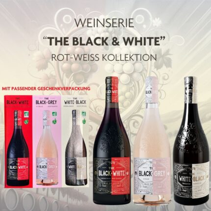 Entdecke die Rot- weiß Weinserie The Black and White. Drei innovative Cuvées aus roten und weißen Trauben für besondere Genussmomente. Super einzigartig!