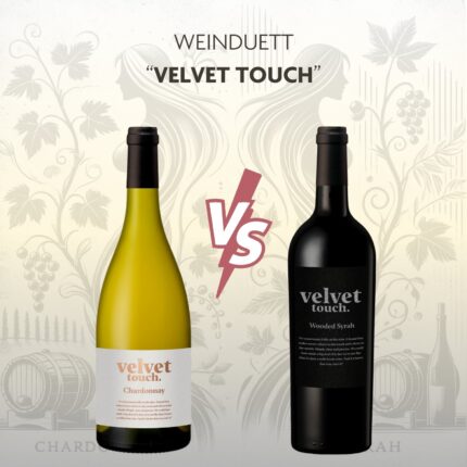 Entdecke das Weinduett Velvet Touch: Ein holzgereifter Chardonnay und Syrah mit samtigem Etikett. Perfekt für Genießer*innen und als Geschenk.