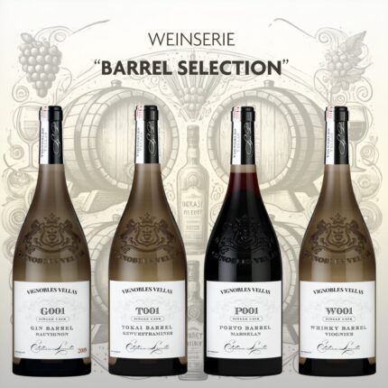 Entdecke die Weinserie Barrel Selection von Vignobles Vellas: Vier Weine, gereift in Tokaji-, Port-, Whiskey- und Gin-Fässern. Ein Muss für Fassliebhaber!