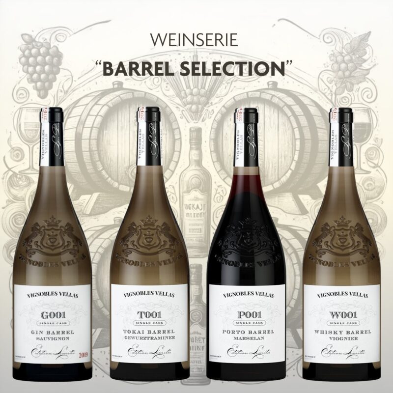 Entdecke die Weinserie Barrel Selection von Vignobles Vellas: Vier Weine, gereift in Tokaji-, Port-, Whiskey- und Gin-Fässern. Ein Muss für Fassliebhaber!