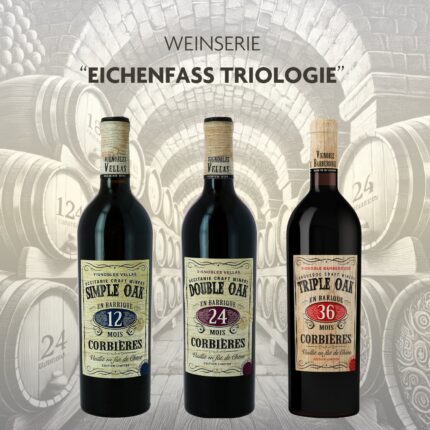 Entdecke die Weinserie Eichenfass-Triologie: Drei Rotweine, gereift über 12, 24 und 36 Monate. Ein einzigartiges Set für Liebhaber fassgereifter Weine!