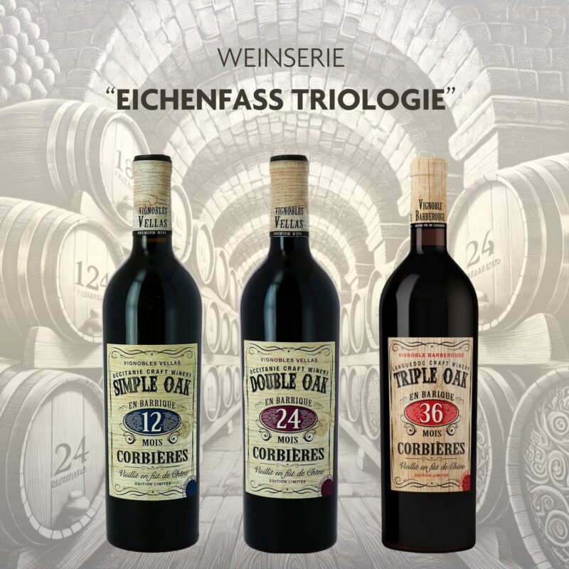 Entdecke die Weinserie Eichenfass-Triologie: Drei Rotweine, gereift über 12, 24 und 36 Monate. Ein einzigartiges Set für Liebhaber fassgereifter Weine!