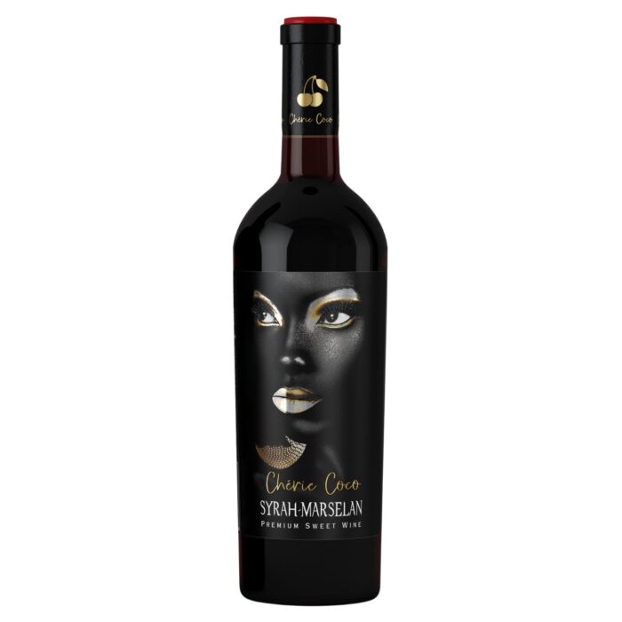 Chérie Coco Syrah-Marselan Flasche mit schwarzem Design auf weißem Hintergrund