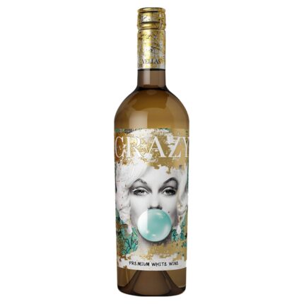 Flasche Crazy Colombard-Sauvignon Blanc von Vignobles Vellas mit Pop-Art-Etikett