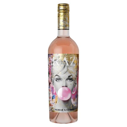 Flasche Crazy Grenache-Syrah Roséwein 2024 von Vignobles Vellas mit Pop-Art-Etikett in Rosétönen