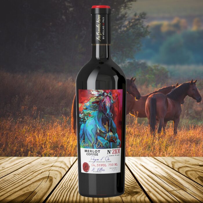 Crin d’Or Merlot Coffee Flasche von Vignobles Vellas mit Künstleretikett