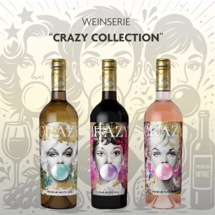 Drei Flaschen der Weinserie Crazy Collection von Vignobles Vellas – Rosé, Weiß und Rot – mit farbenfrohen Pop-Art-Etiketten