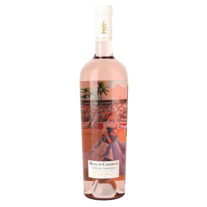 Made in Camargue Roséflasche mit Szene eines Camargue-Festes und Tänzerin