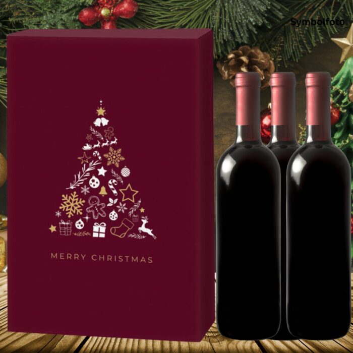 3er Geschenkkarton Christmas Tree rot für drei Weinflaschen