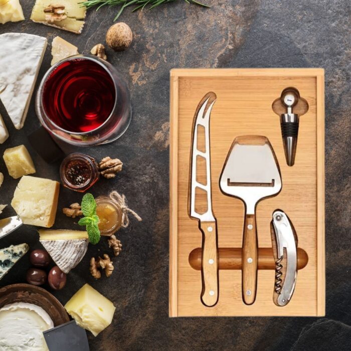 Bambus Käse- und Weinset mit Zubehör in Box