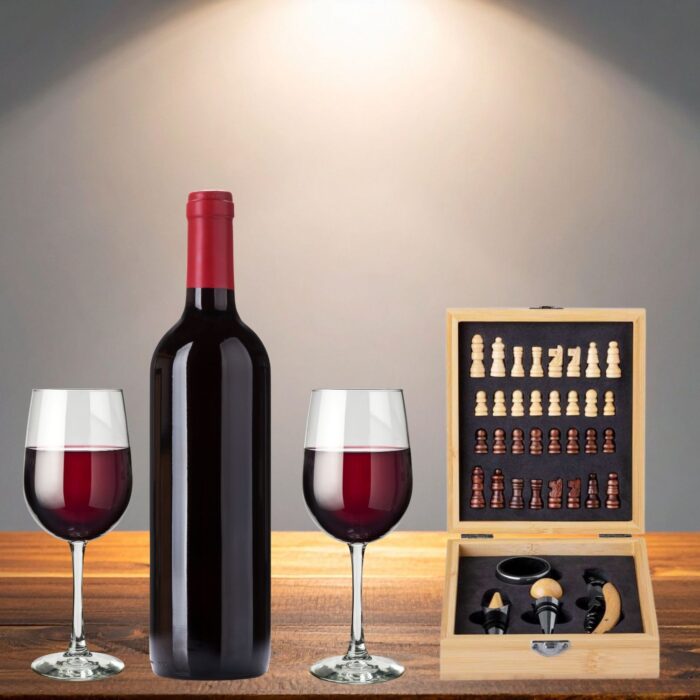 Wein Geschenkset mit Schachspiel aus Bambus