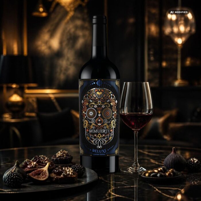 Demuerte Deluxe Tinto von Winery On Bodegas mit ornamentalem Totenkopf auf schwarzem Etikett