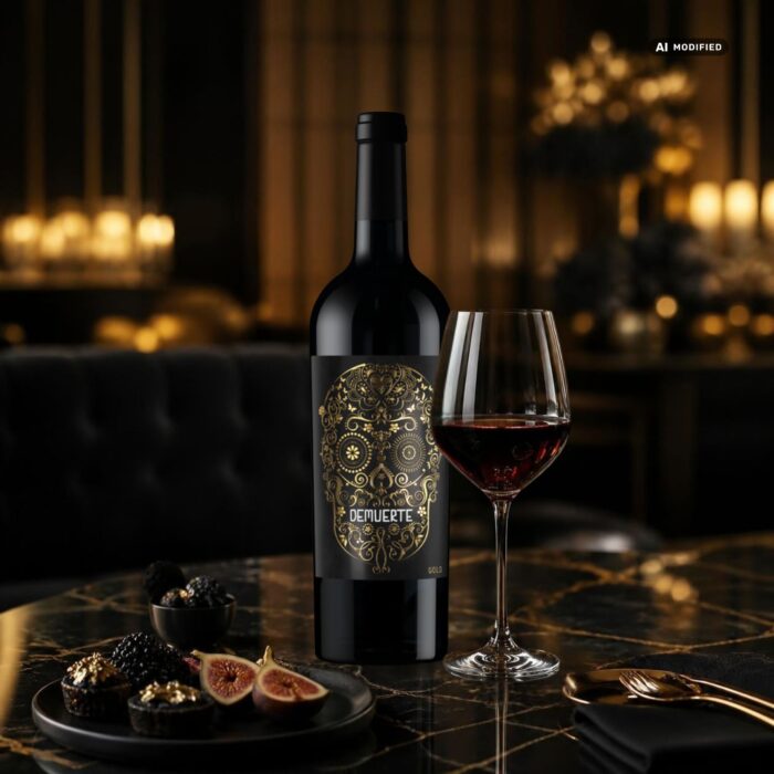 Demuerte Gold Tinto von Bodegas Winery On mit goldenem Totenkopf-Etikett