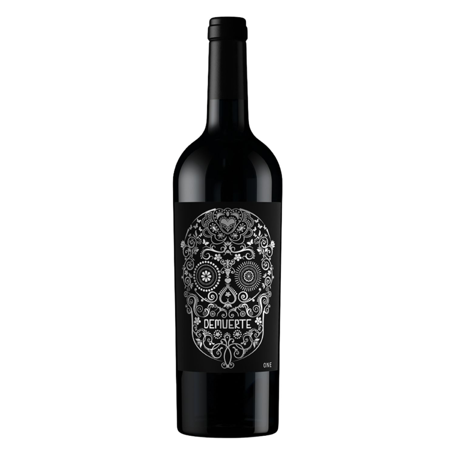 Demuerte One Tinto | Bodegas Winery On Demuerte One Tinto von Bodegas Winery On mit hellem Totenkopf auf schwarzem Etikett