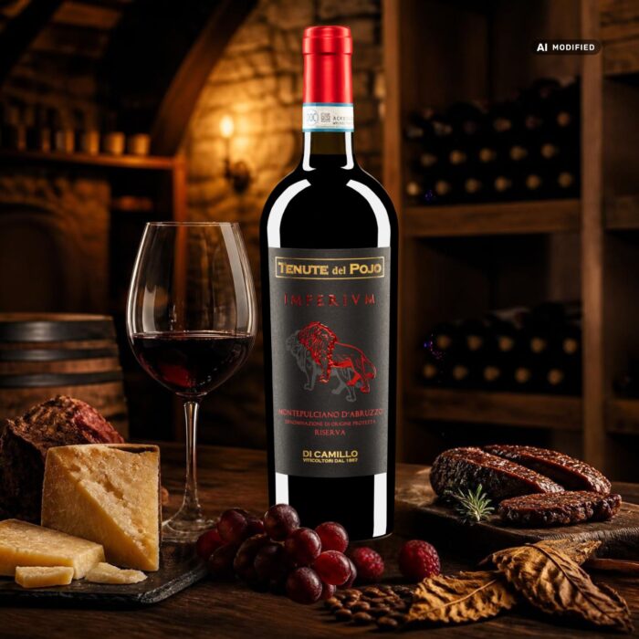 Imperium Montepulciano Riserva von Di Camillo mit dunklem Etikett, rotem Löwenmotiv und roter Kapsel