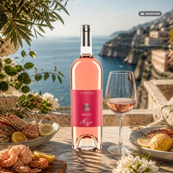 Maja Merlot Rosé von Di Camillo in einer klaren Flasche mit pinkfarbenem Etikett