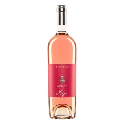 Maja Merlot Rosé von Di Camillo in einer klaren Flasche mit pinkfarbenem Etikett