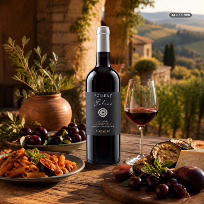 Selene Sangiovese Terre di Chieti von Di Camillo mit anthrazitfarbenem Poderj-Etikett und silberfarbener Kapsel