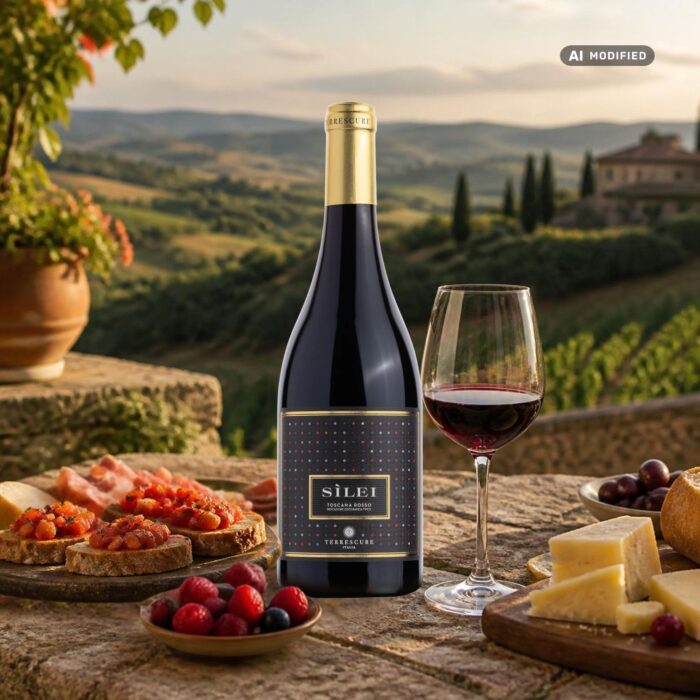 SìLei Toscana Rosso von Terrescure mit rotem Etikett und stilisierter Frauenfigur